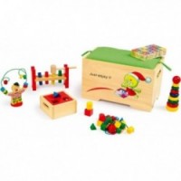 Coffre à jouet en bois pour enfant + 6 jeux d'éveil en bois