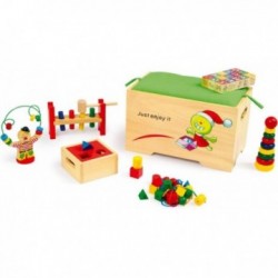 Caixa de brinquedos de madeira para crianças + 6 jogos de despertar em madeira