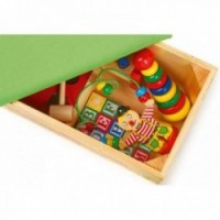 Trælegetøjskasse til børn + 6 læringsspil i træ