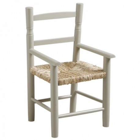 Kinderstoel in grijs hout met rieten zitting en armleuningen
