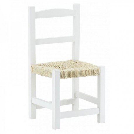 Small children's chair in aged white wood with straw seat