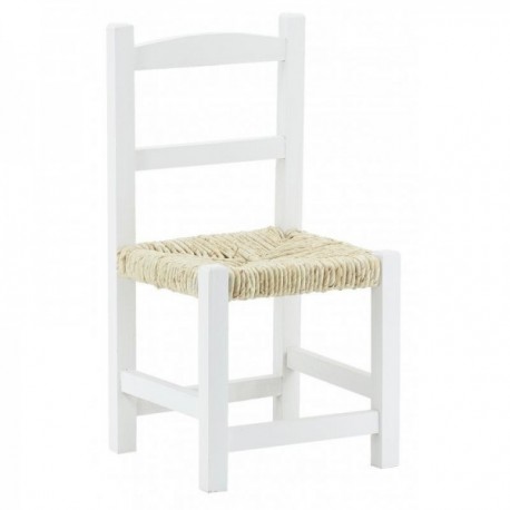 Small white wooden chair aged white with straw sitting