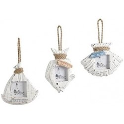 Set of 3 photo holder in marine wood, fish, shellfish, boat, decoration by the sea