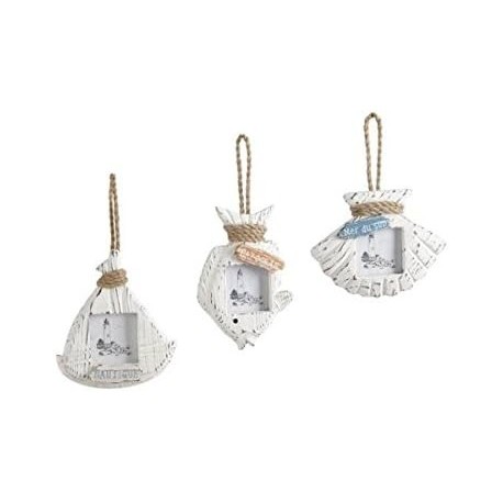 Set of 3 photo holder in marine wood, fish, shellfish, boat, decoration by the sea