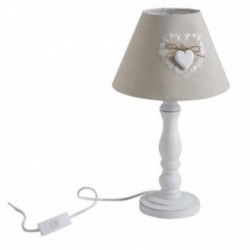 Nachttischlampe, weißer Holzsockel, beiger Lampenschirm mit Holzherz