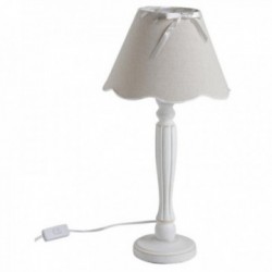 Lampe de table à poser pied en bois blanc vieilli abat-jour ruban gris, Luminaire lampe de chevet décoration salon chambre