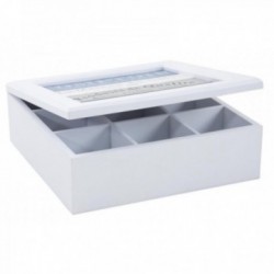Caja de té de madera blanca y azul 9 compartimentos, elegante caja de almacenamiento para sobres y infusión