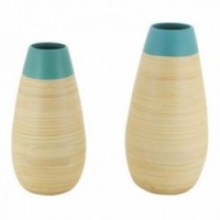 Natural and blue lacquered bamboo vases