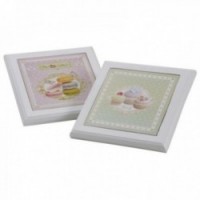 Dessous de plat en bois et céramique vert et rose motif gâteau pâtisserie