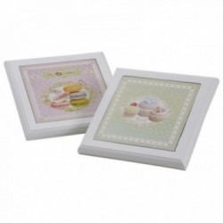 Dessous de plat en bois et céramique vert et rose motif gâteau pâtisserie