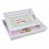 Pink and green cupcake wood service trays - set of 2