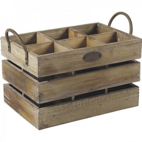 Bottled wooden crate agent 6 compartments | Vintage wine locker with metal handles