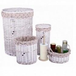 Cesto para ropa sucia con 4 cestas de mimbre lacadas en blanco (Juego de 5)