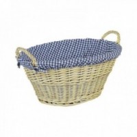 Blue gingham wicker laundry basket