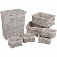 Gray wicker basket and laundry basket bathroom set