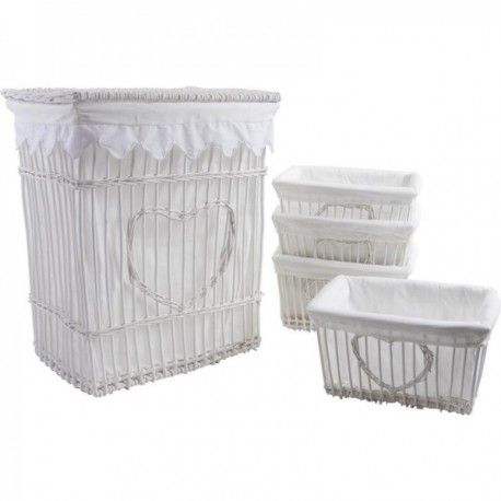 White wicker laundry basket and baskets