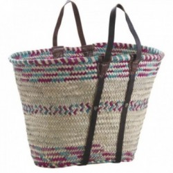 Cabas shopping bag beach bag colored natural palm basket with leather handles