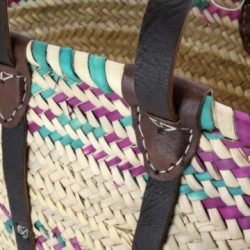 Saco de compras de Cabas saco de praia colorido cesta de palma natural com alças de couro
