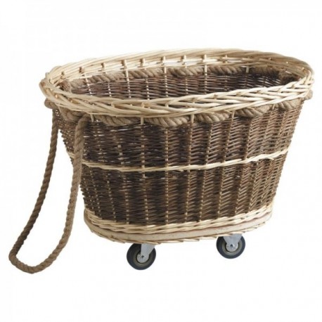 Crude Wicker Trolley with Casters: Wood Base with Anse Rope & Full Storage Fireplace Practical