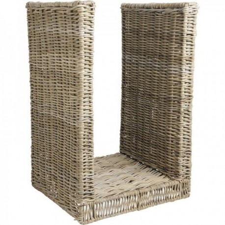 Porte-Bûches en Poelet Gris & Structure Métal : Panier à Bûches Tressé Naturel & Support Bois Cheminée Roustique