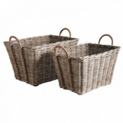 Corbeilles à Bûches en Poelet Gris avec Poignées Lot de 2 : Paniers à Bois Cheminée Rattan Tressé Rustique & Chic