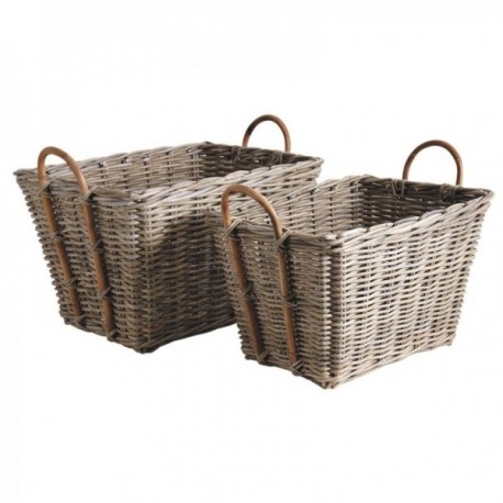 Corbeilles à Bûches en Poelet Gris avec Poignées Lot de 2 : Paniers à Bois Cheminée Rattan Tressé Rustique & Chic