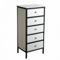 Cómodora 5 cajones de madera blanca y metal negro - Muebles de almacenamiento de estilo industrial y moderno para sala y sala de