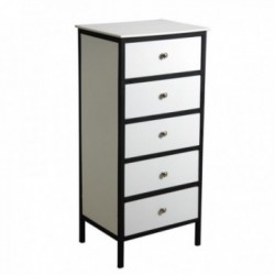 Cómodora 5 cajones de madera blanca y metal negro - Muebles de almacenamiento de estilo industrial y moderno para sala y sala de