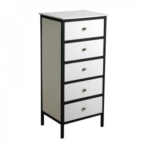 Commode 5 Tiroirs Bois Blanc et Métal Noir - Meuble de Rangement Style Industriel et Moderne pour Chambre et Salon