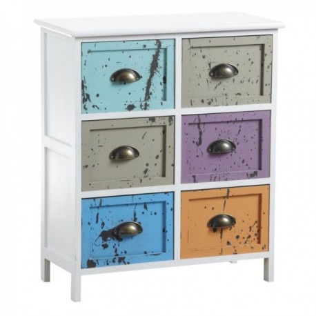 Chest of drawers in wood with 6 multicolored drawers