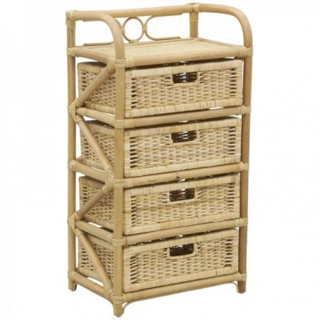 Natural rattan dresser with 4 drawers baskets - Wood storage cabinet and cannage for bedroom and living room