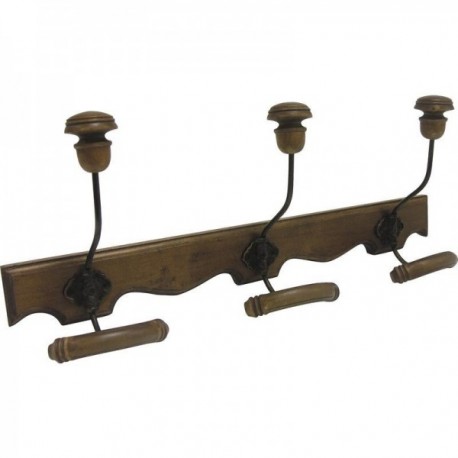 Wall-mounted coat rack in aged wood with 3 hooks