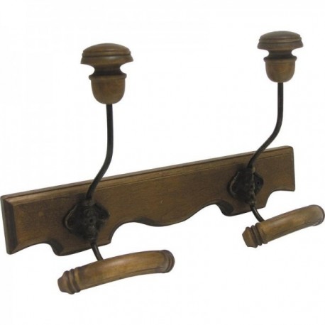Wall-mounted coat rack in aged wood with 2 hooks