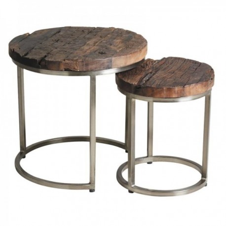 Round nesting tables in steel and solid wood