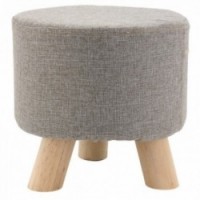 Tabouret rond en coton gris pieds en bois, Pouf repose-pied