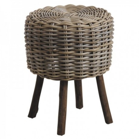 Runde afføring polet grå og træfødder: Cylindrisk Pouf Wicker Wicker & Natural Emplacement Nature & Chic