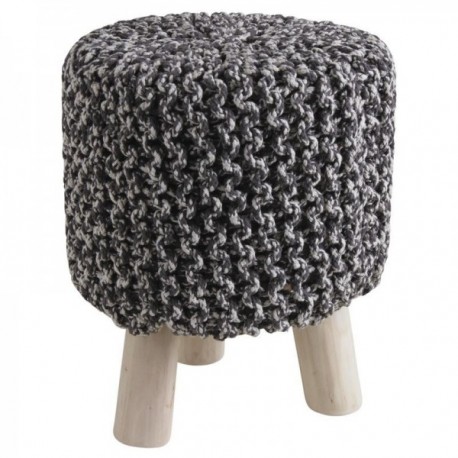 Tabouret pouf rond en coton gris pieds en bois