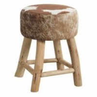 Tabouret rond en bois et peau de vache