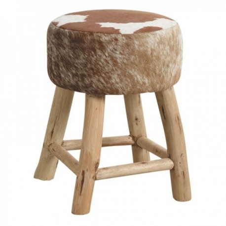Round stool in wood and cowhide