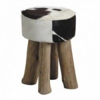Round stool in cowhide big wooden feet