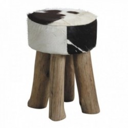 Taburete redondo Cuero de vaca Gros Foot Wood: Puf Seat Genuine Hair y asiento lateral CHIC RUSIC