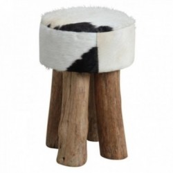 Round stool in cowhide big wooden feet