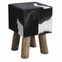 Tabouret Carré Peau de Vache Pieds Bois : Pouf Carre Veritable Peau Vachette Assise Poil & Banc d'Appoint Rustique Chic