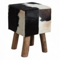 Firkantet avføring Cowhide Foot Wood: Carre Pouf Real Skin Skin Coward Sitting Poil & White Rustic Side Bank