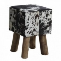 Tabouret Carré Peau de Vache Pieds Bois : Pouf Carre Veritable Peau Vachette Assise Poil & Banc d'Appoint Rustique Chic