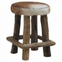 Round stool in wood and goatskin
