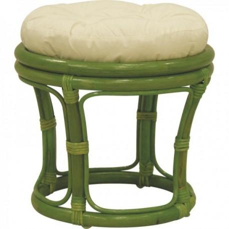 Round green rattan stool with cushion in 100% cotton fabric
