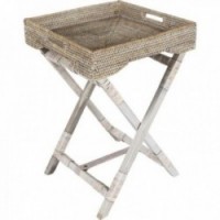 Placa dobrável da sobremesa no branco dos pés do rattan e da madeira | Mesa de cozinha, cama e jardim