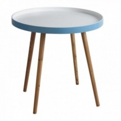 Mesa auxiliar de madera redonda y MDF lacado blanco y azul