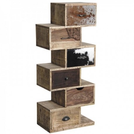Unstructured 6-drawer chest of drawers in wood and cowhide